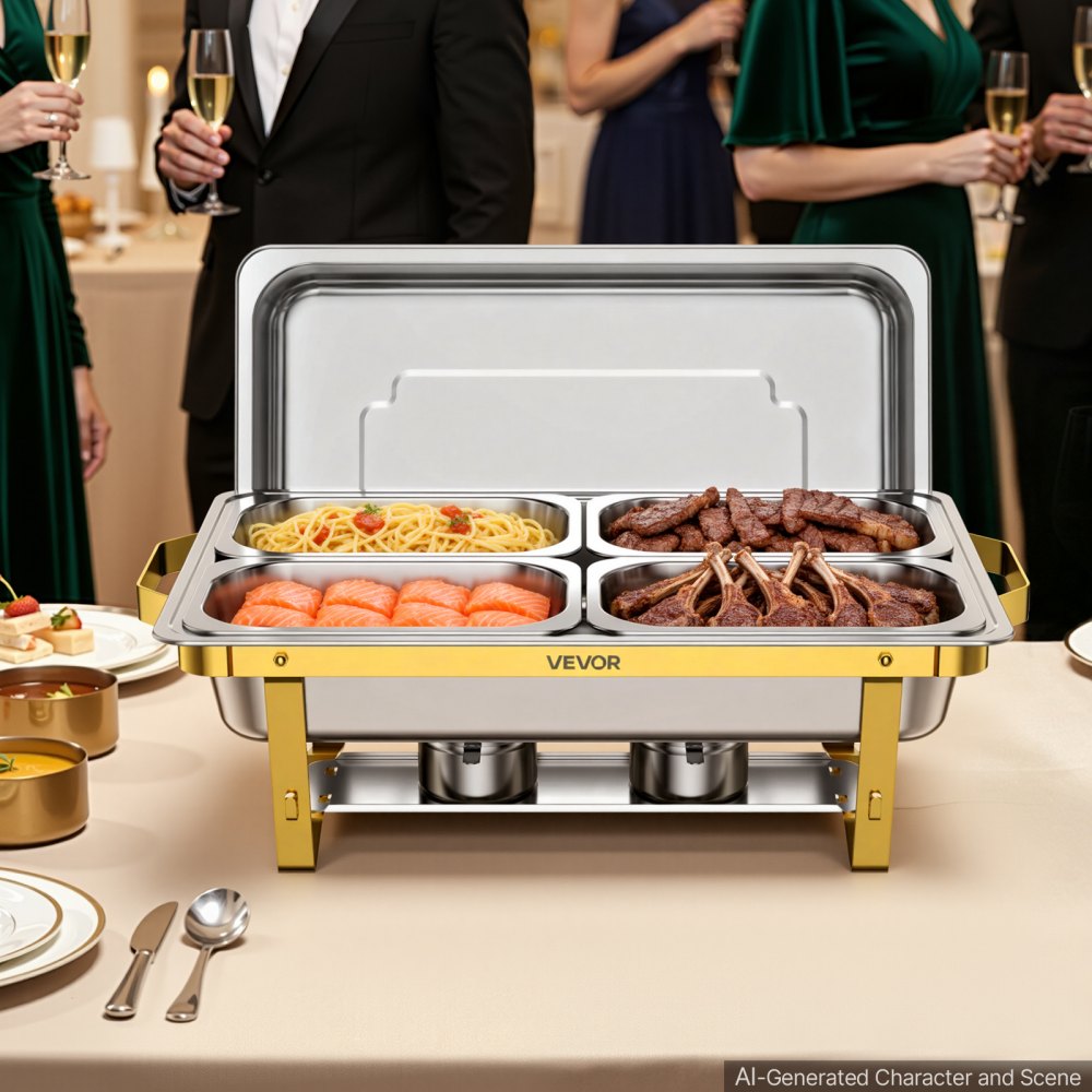 VEVOR 4 Packs Chafing Dishes for Buffet Set, 9QT Stainless Steel Chafer, for Banquet Party Wedding, Rectangle Buffet Server Warmer, 2 Full & 2 Half & 4 Fourth-Size Pans, Fuel Holder, Tong, Glass Pad