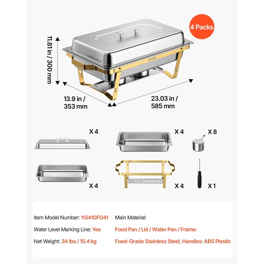 VEVOR 4 Packs Chafing Dishes for Buffet Set, 9QT Stainless Steel Chafer, for Banquet Party Wedding, Rectangle Buffet Server and Warmer, with 4 Full Size Pans, Fuel Holder, and Foldable Stand
