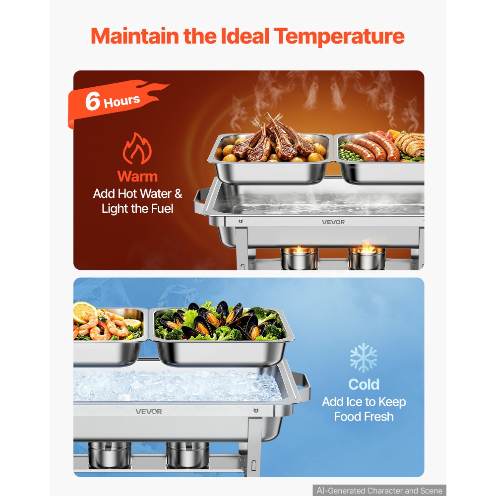 VEVOR 2 Packs Chafing Dishes for Buffet Set, 8.5L Stainless Steel Chafer, for Banquet Party Wedding, Rectangle Buffet Server and Warmer with 1 Full & 2 Half Size Pans, Fuel Holder, and Foldable Stand