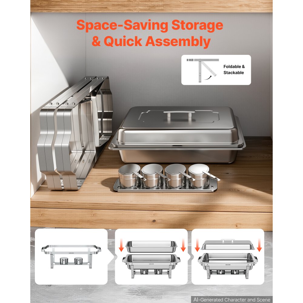 VEVOR 2 Packs Chafing Dishes for Buffet Set, 8.5L Stainless Steel Chafer, for Banquet Party Wedding, Rectangle Buffet Server and Warmer with 1 Full & 2 Half Size Pans, Fuel Holder, and Foldable Stand