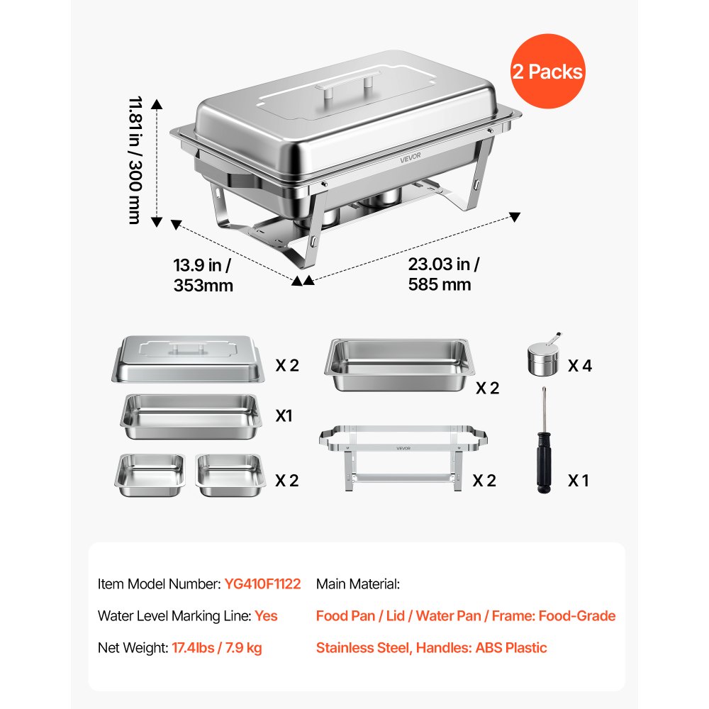 VEVOR 2 Packs Chafing Dishes for Buffet Set, 8.5L Stainless Steel Chafer, for Banquet Party Wedding, Rectangle Buffet Server and Warmer with 1 Full & 2 Half Size Pans, Fuel Holder, and Foldable Stand