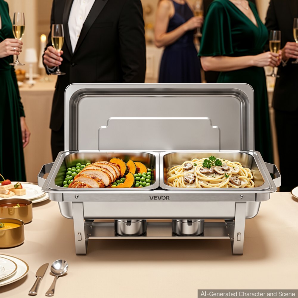 VEVOR 2 Packs Chafing Dishes for Buffet Set, 8.5L Stainless Steel Chafer, for Banquet Party Wedding, Rectangle Buffet Server and Warmer with 1 Full & 2 Half Size Pans, Fuel Holder, and Foldable Stand