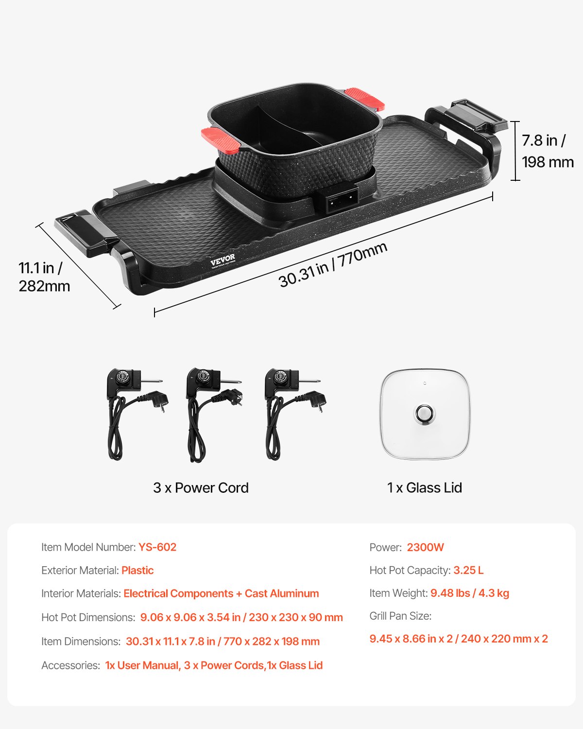 VEVOR Hot Pot with Grill, 2300W 2-in-1 Electric Smokeless Grill and Hot Pot, Removable Shabu-shabu Hotpot with Non-stick Pan, Separate Dual Temperature Control, Indoor Korean BBQ for 1-6 People