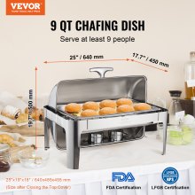 VEVOR Roll Top Chafing Dish Buffet Complete Set, 7.5L Stainless Steel Chafer with Full Size Pan, Rectangle Catering Warmer Server with Lid Water Pan Stand Fuel Holder Meal Clip, for at Least 8 People