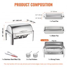VEVOR Roll Top Chafing Dish Buffet Complete Set, 7.5L Stainless Steel Chafer with Full Size Pan, Rectangle Catering Warmer Server with Lid Water Pan Stand Fuel Holder Meal Clip, for at Least 8 People