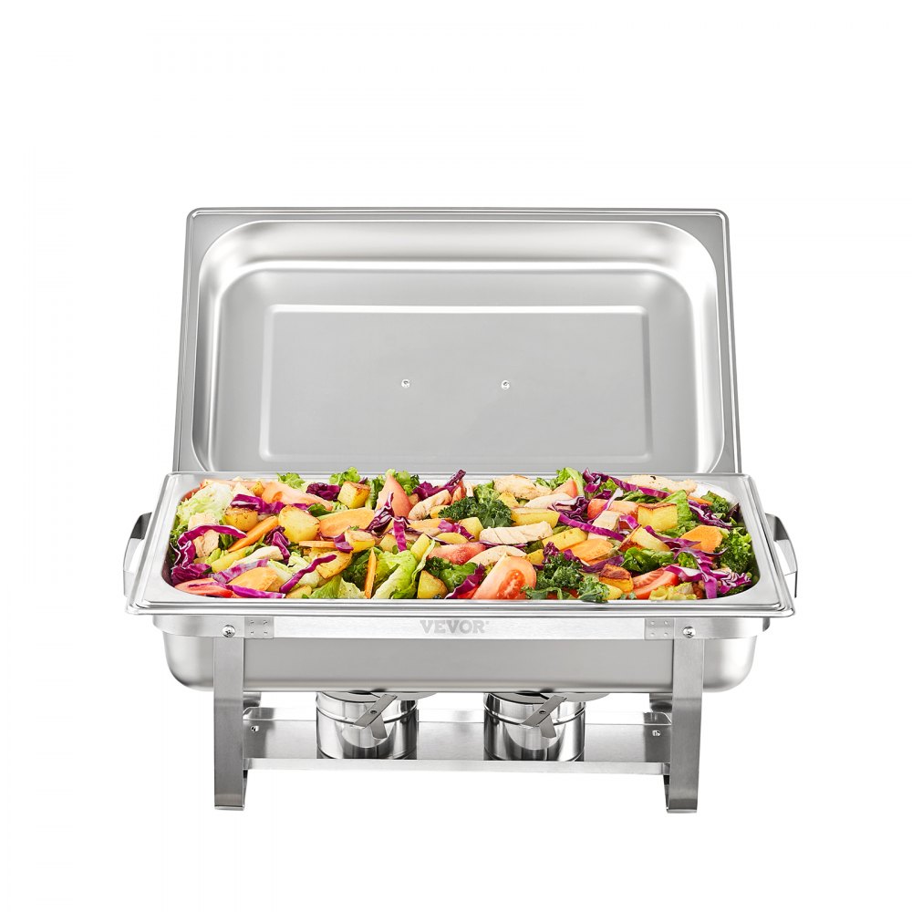 VEVOR chafing dish set with mixed salad, stainless steel frame, and dual fuel holders
