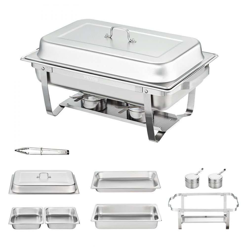 VEVOR stainless steel chafing dish set with cover, fuel holders, pan, and serving utensils.
