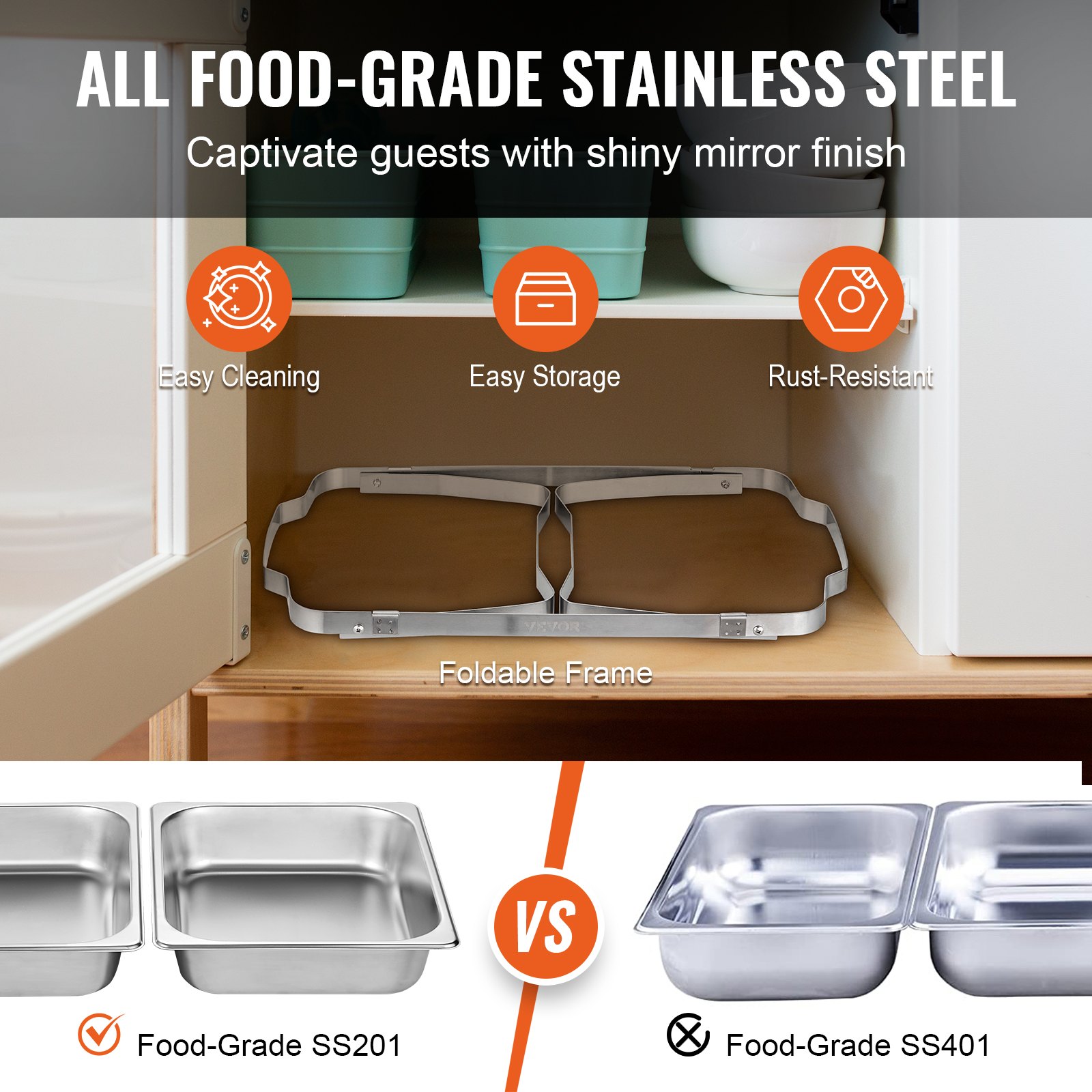 VEVOR chafing dish set with foldable frame, easy cleaning, storage, rust-resistant stainless steel.