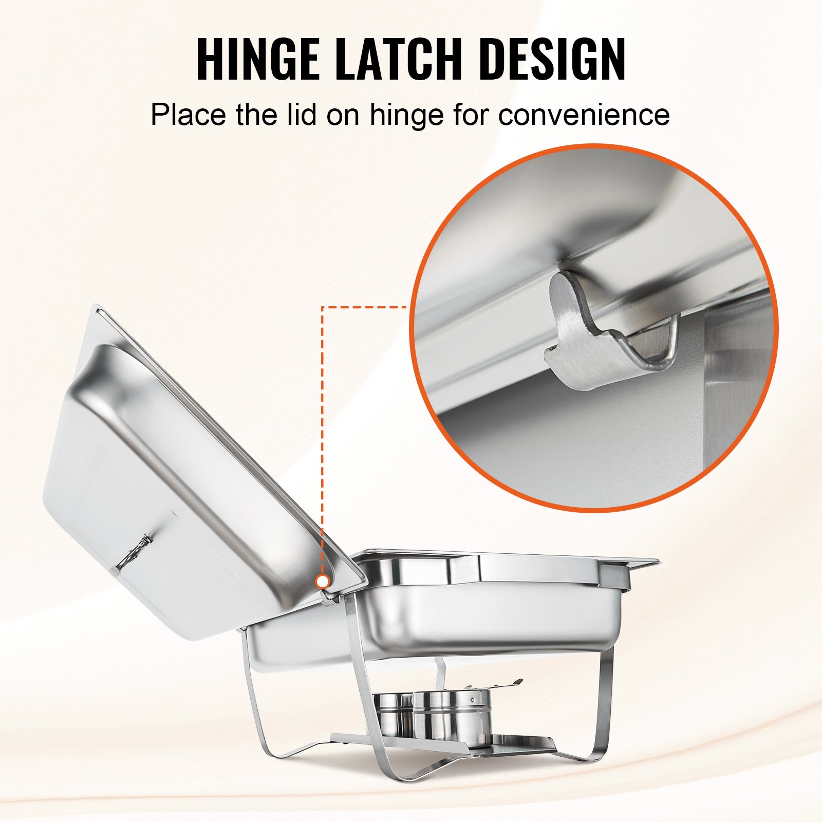 VEVOR chafing dish set with hinge latch design for convenient lid placement.
