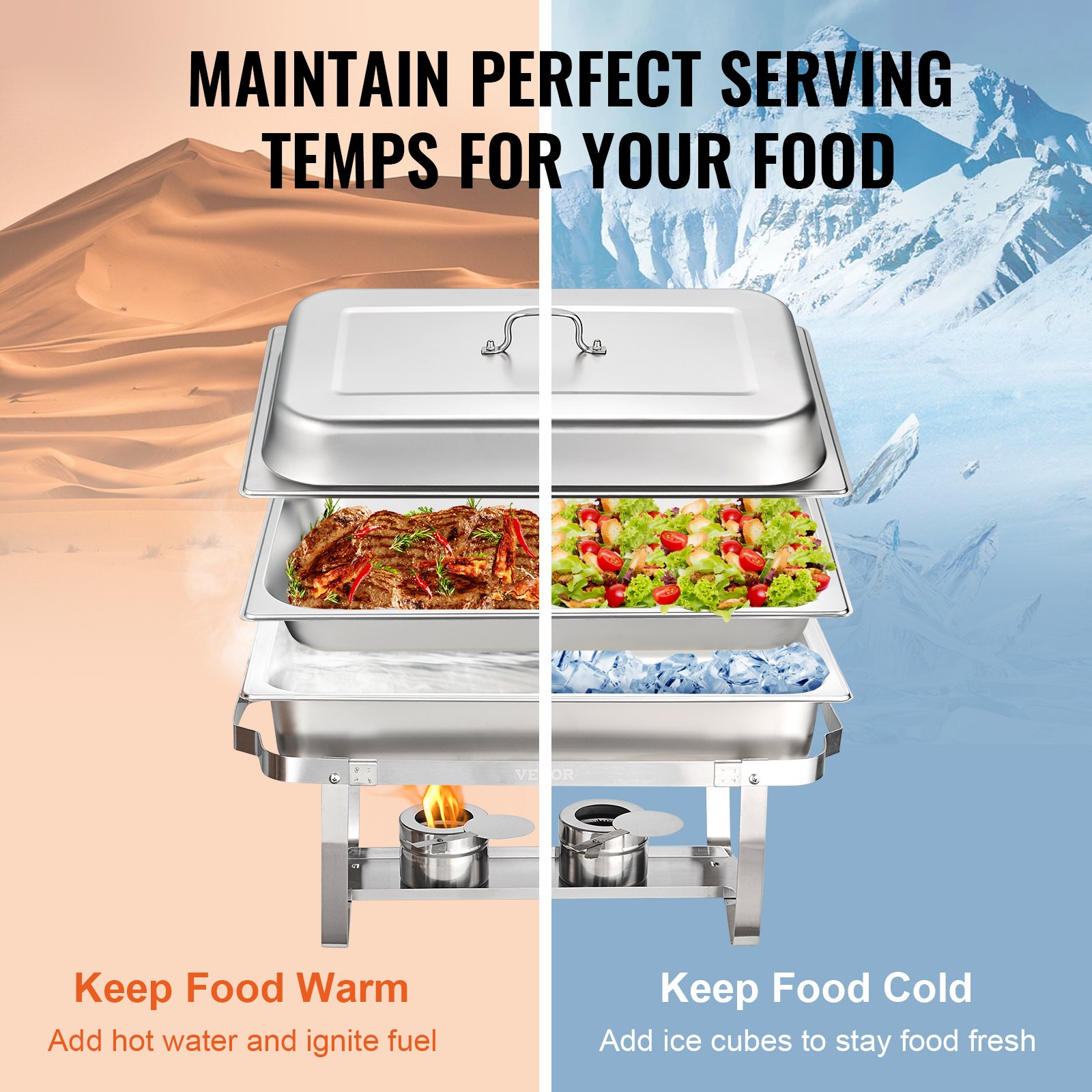 VEVOR chafing dish set maintaining perfect serving temps for food, showing warm and cold storage options.