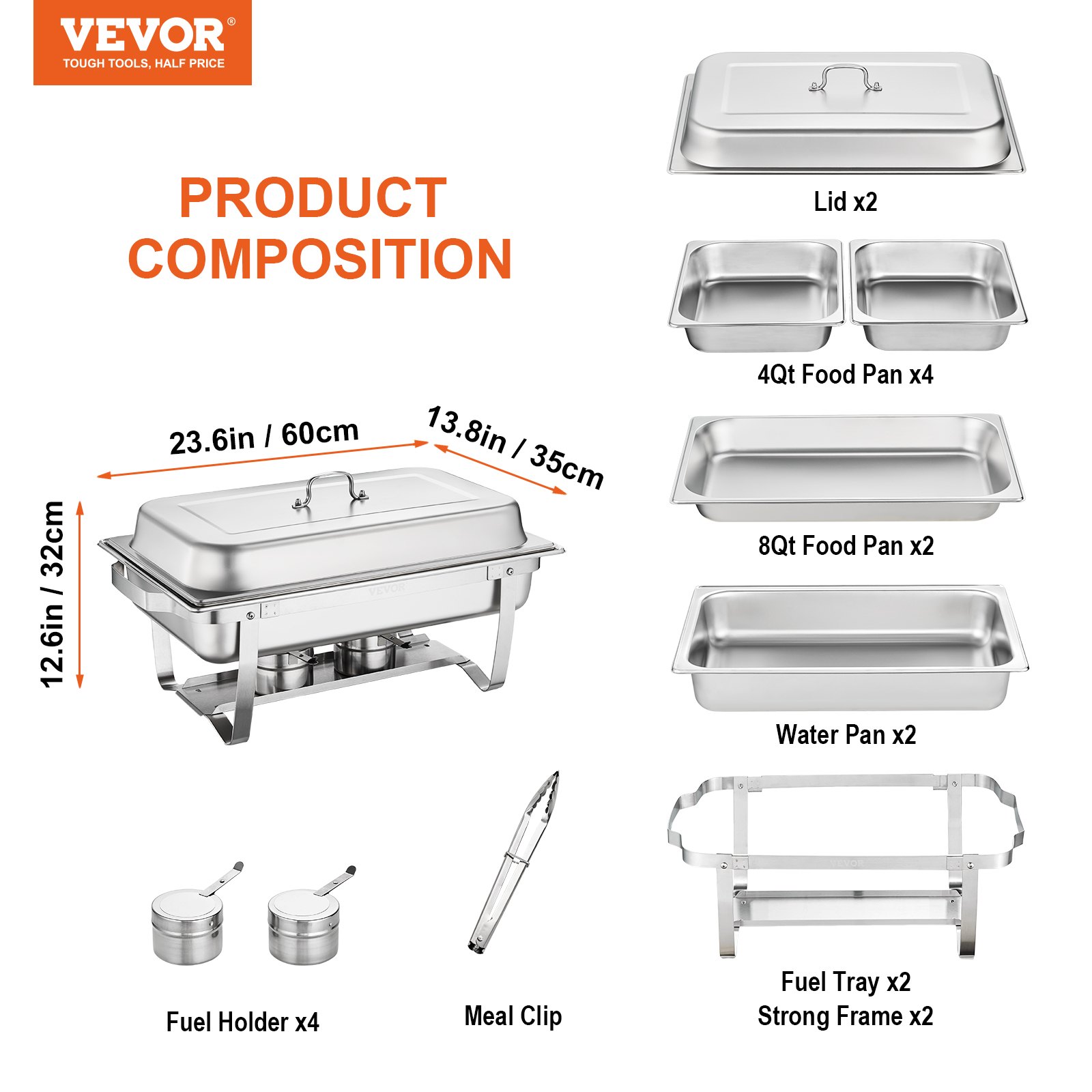 VEVOR chafing dish set with lids, food pans, water pans, fuel holders, meal clip, and strong frames.