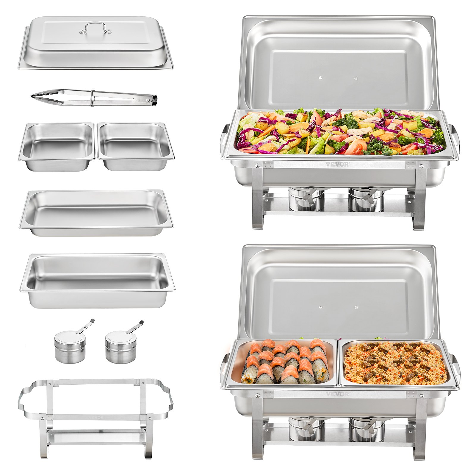 VEVOR chafing dish set featuring stainless steel pans, food trays, lids, tongs, and fuel holders.