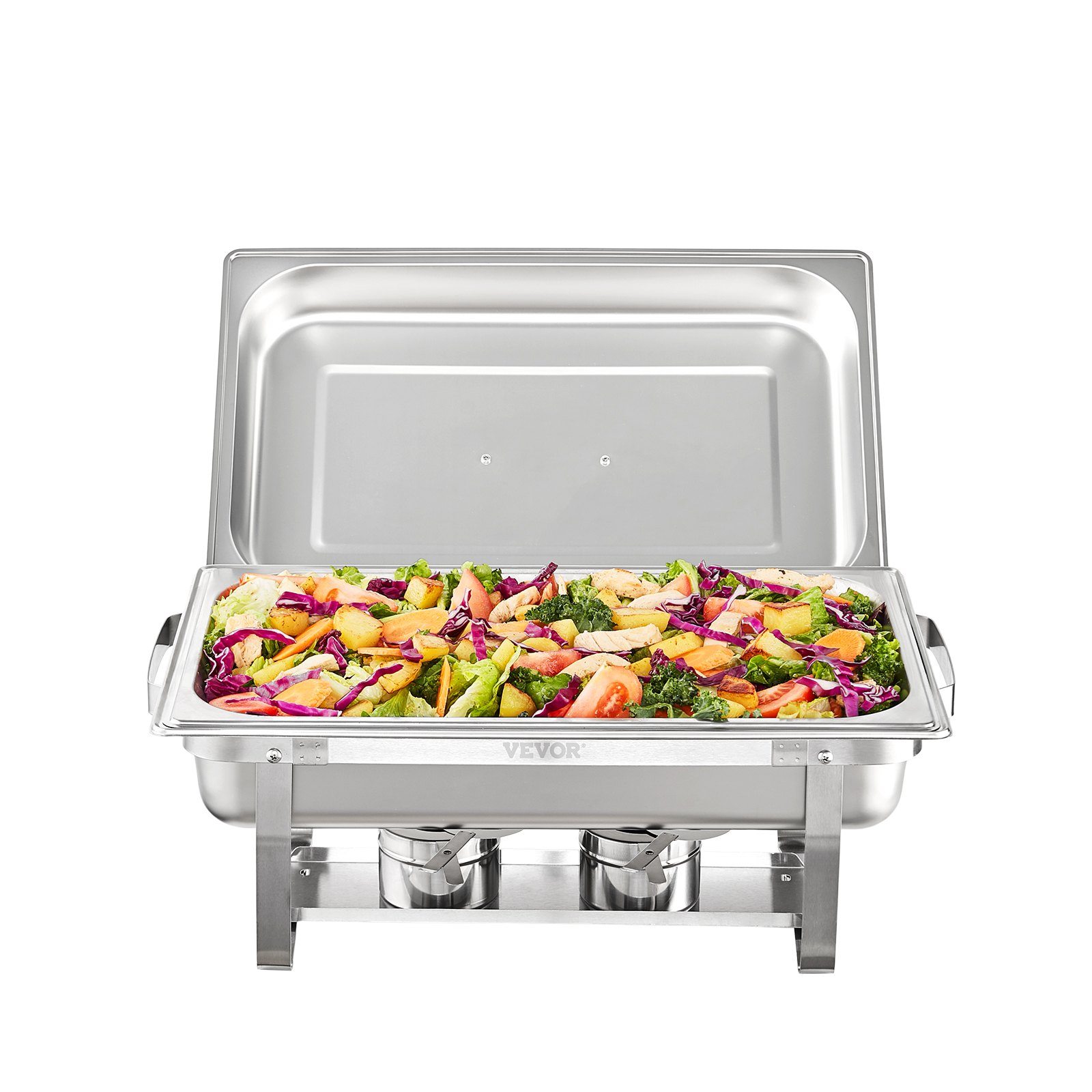 VEVOR chafing dish set with mixed salad, stainless steel frame, and dual fuel holders
