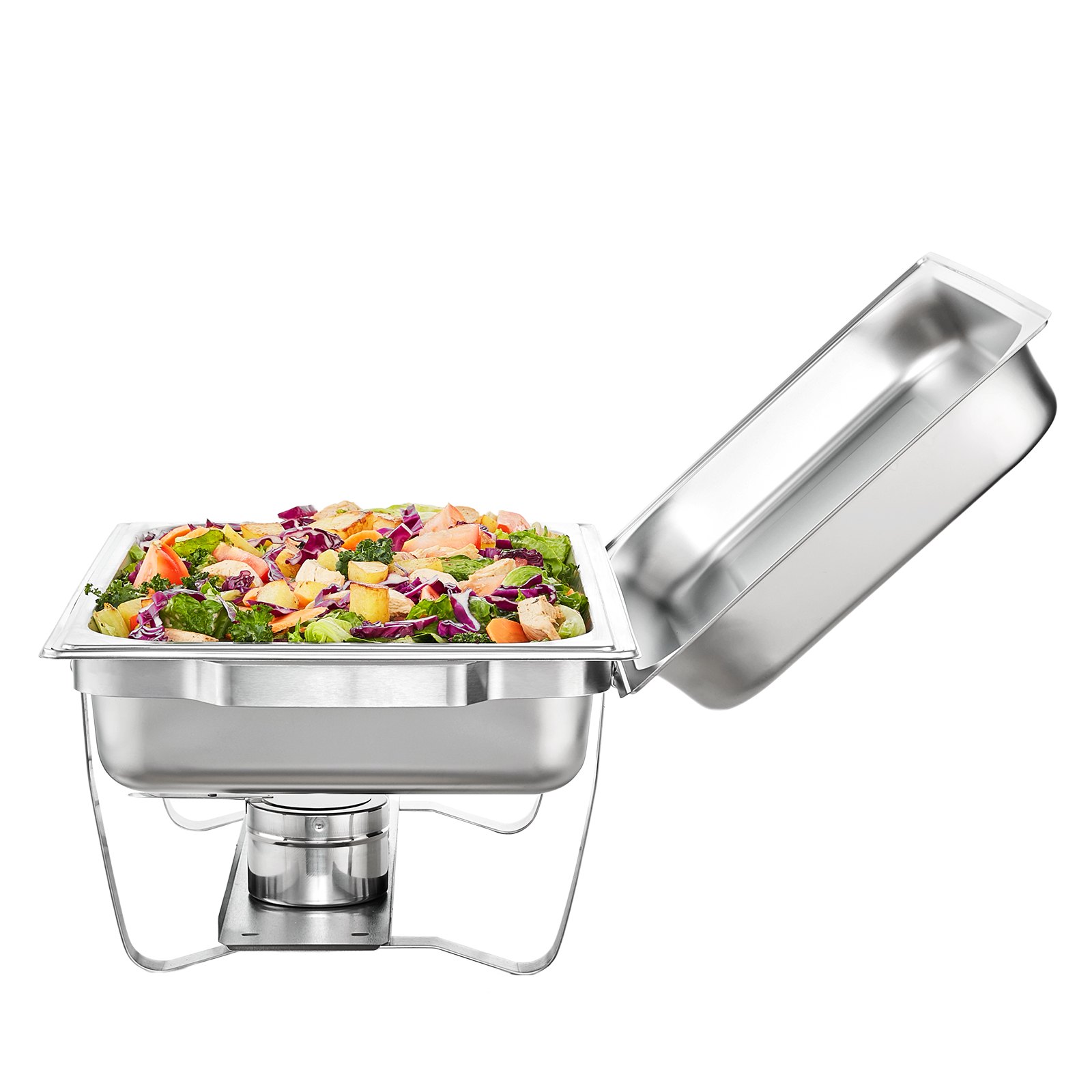 VEVOR chafing dish set with fresh salad, stainless steel frame, and open lid.