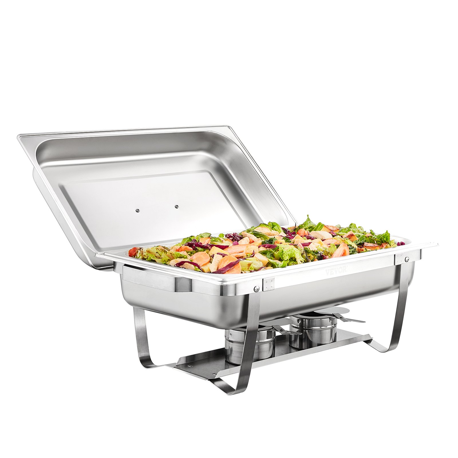 VEVOR chafing dish set with fresh salad displayed, showcasing the sleek stainless steel design.