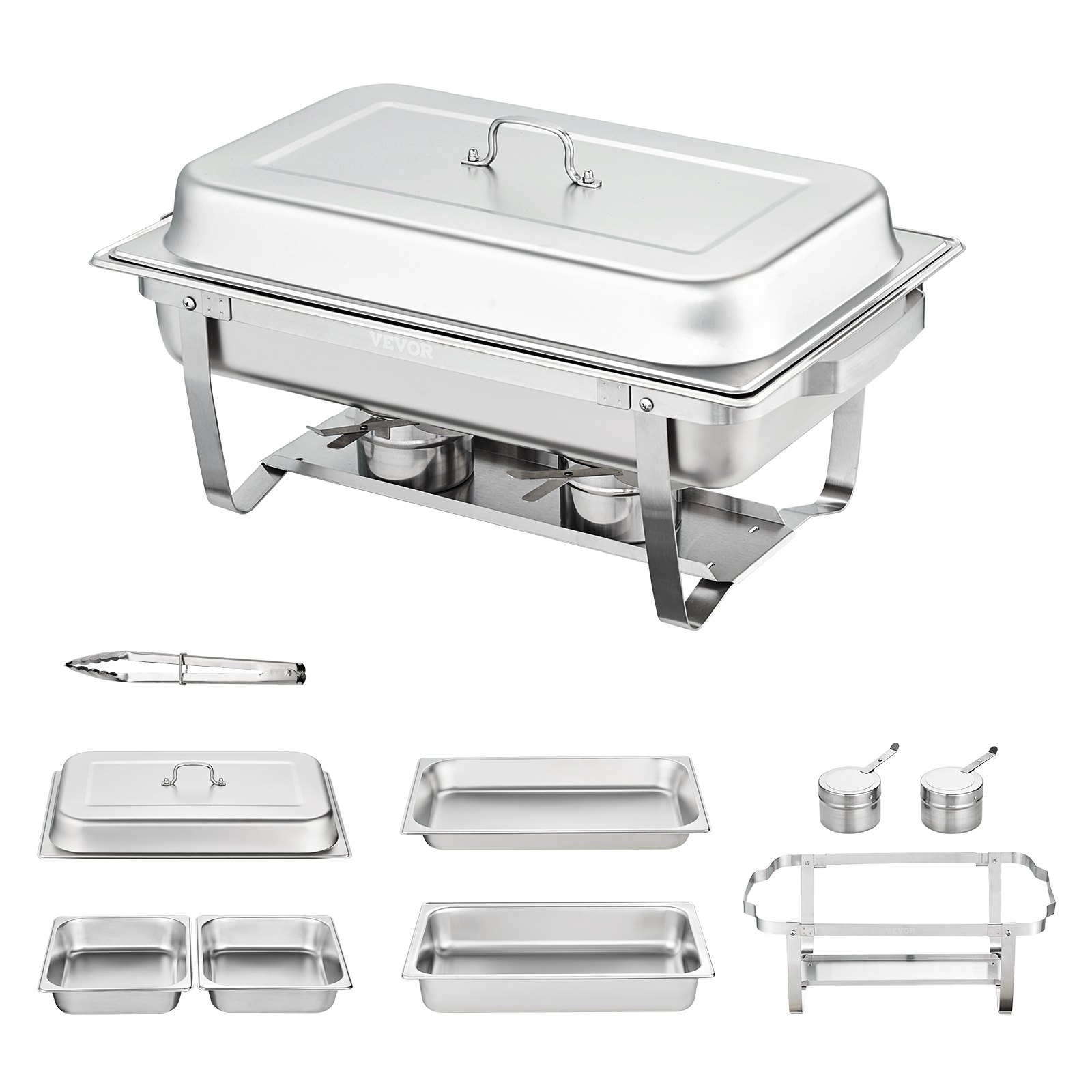 VEVOR stainless steel chafing dish set with cover, fuel holders, pan, and serving utensils.