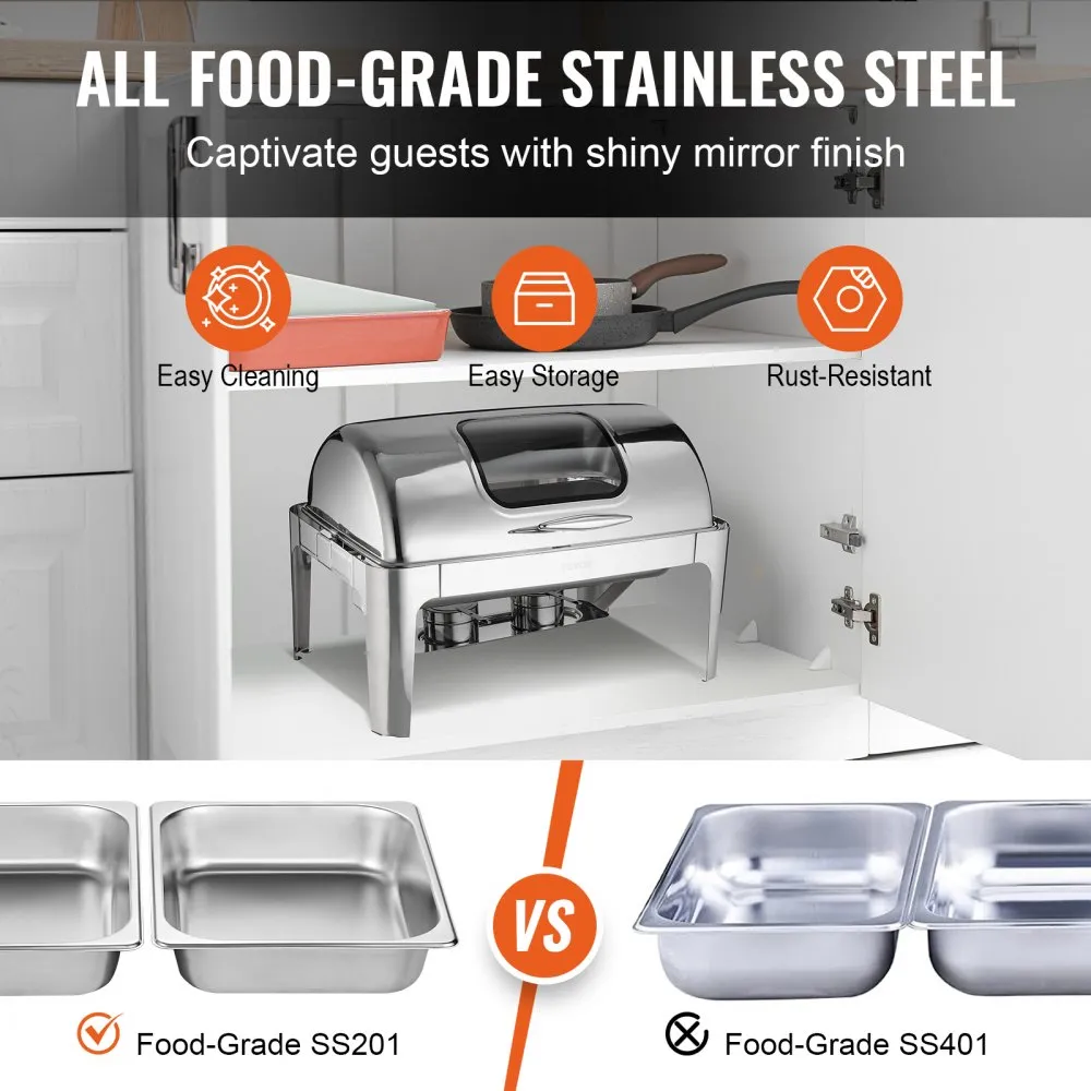 VEVOR chafing dish with food-grade stainless steel, easy cleaning, storage, and rust-resistant features.