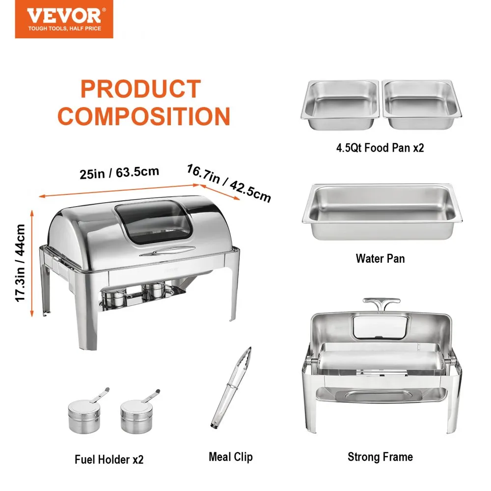 VEVOR chafing dish product composition with food pans, water pan, fuel holders, and meal clip.