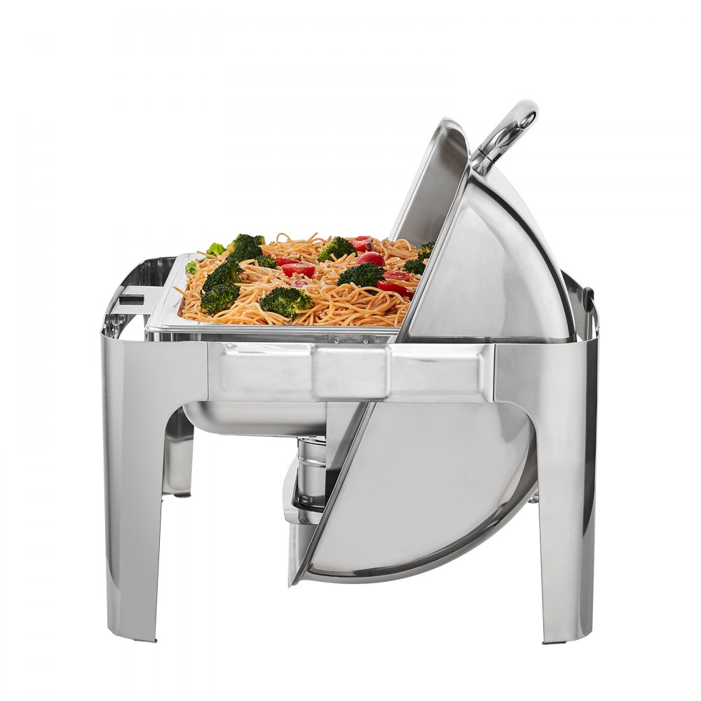 VEVOR chafing dish with lid open, filled with pasta, broccoli, and bell peppers.