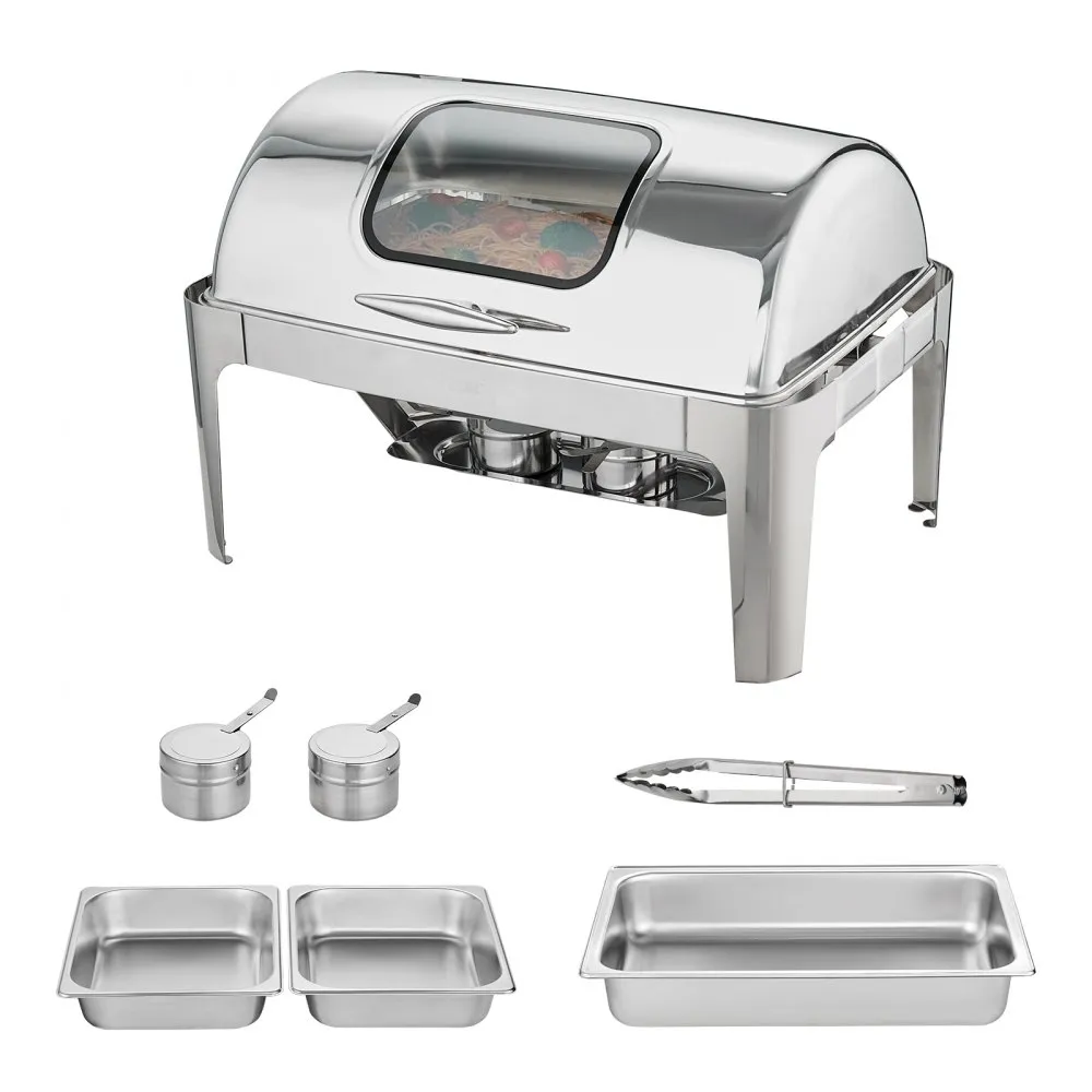 VEVOR chafing dish with stainless steel pans, lids, tongs, and condiment containers.