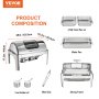 VEVOR chafing dish product composition with food pans, water pan, fuel holders, and meal clip.