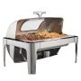 VEVOR chafing dish with stainless steel frame, transparent lid, displaying noodles and grilled meat.
