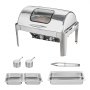 VEVOR chafing dish with stainless steel pans, lids, tongs, and condiment containers.
