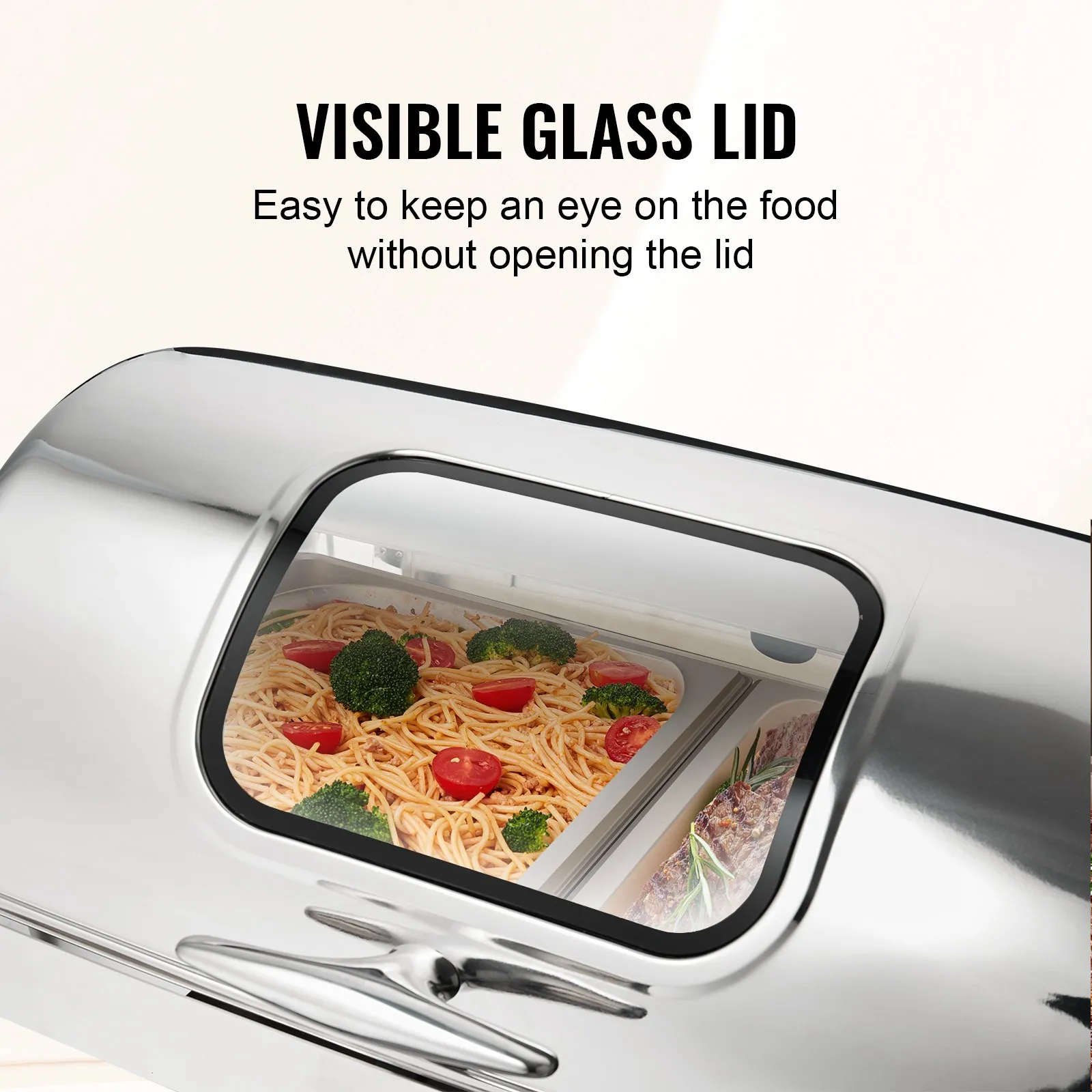 VEVOR chafing dish with visible glass lid showing pasta, tomatoes, and broccoli inside.