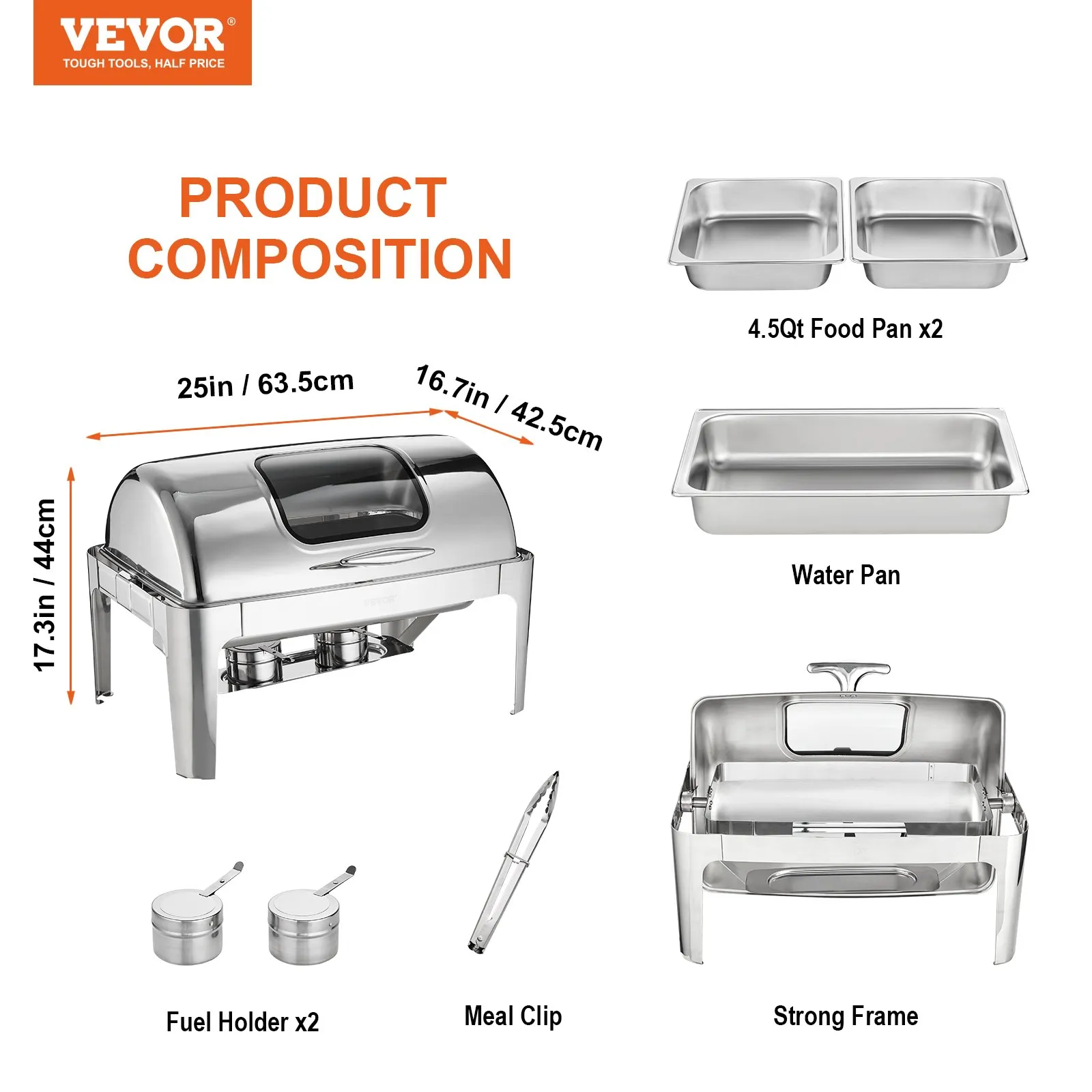 VEVOR chafing dish product composition with food pans, water pan, fuel holders, and meal clip.