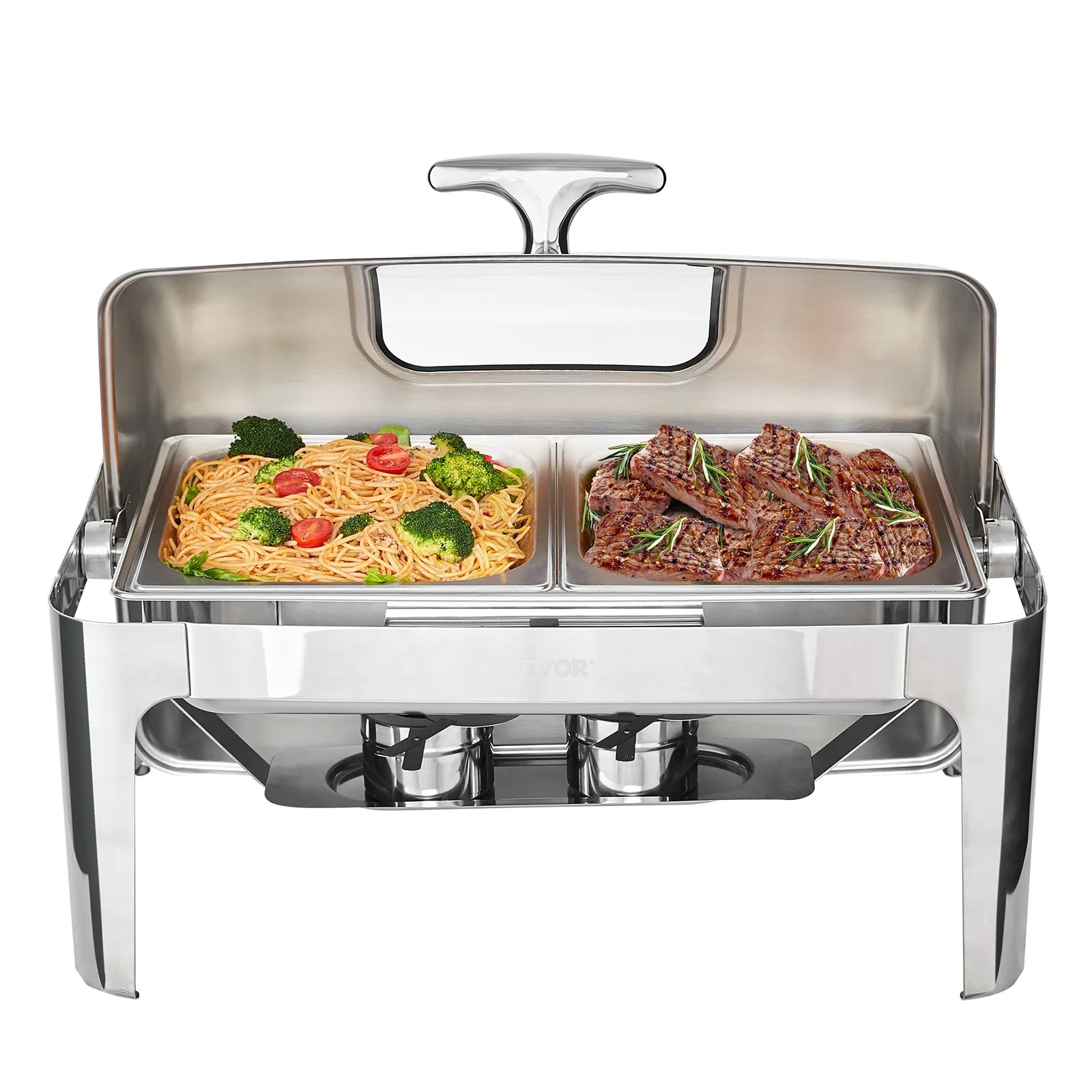 VEVOR chafing dish with pasta, vegetables, and grilled meat, stainless steel, and dual fuel burners.
