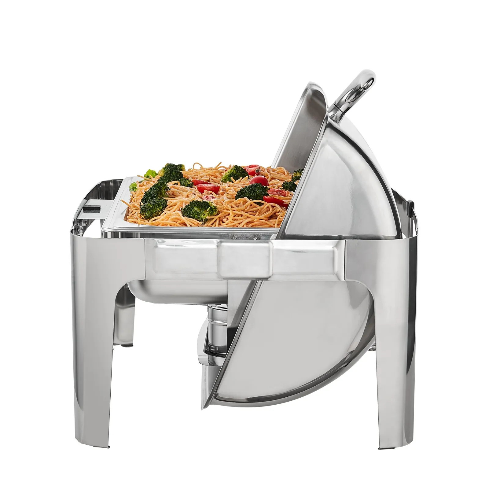 VEVOR chafing dish with lid open, filled with pasta, broccoli, and bell peppers.