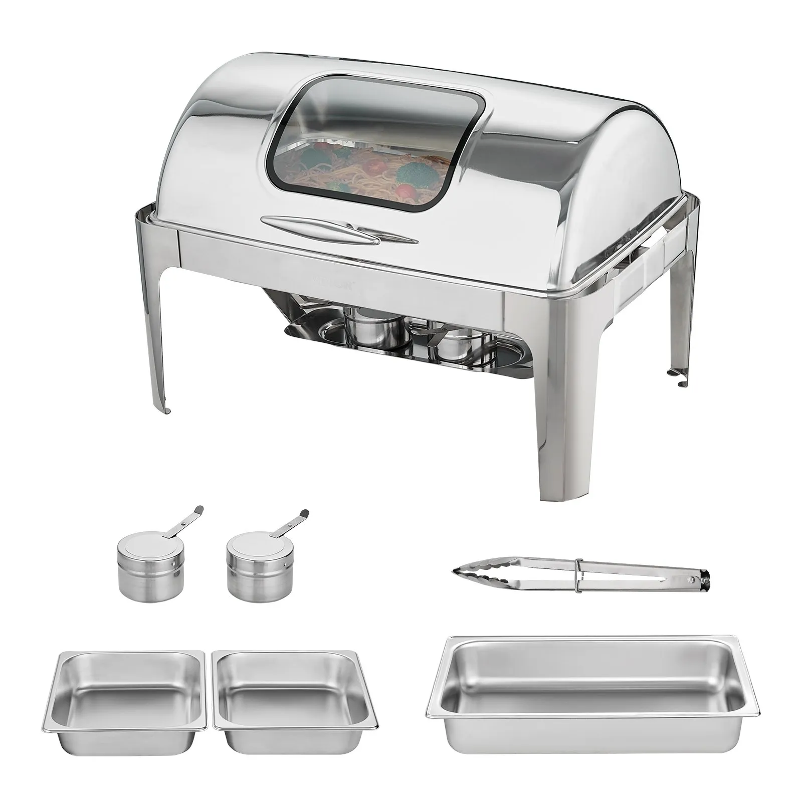 VEVOR chafing dish with stainless steel pans, lids, tongs, and condiment containers.