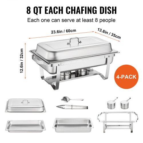 VEVOR 4-Pack Rectangle Chafing Dish Set with Full-Size 8Qt Pan Frame Fuel Holder