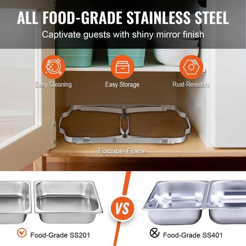 VEVOR chafing dish set in food-grade stainless steel with foldable frame, easy cleaning, and rust resistance.