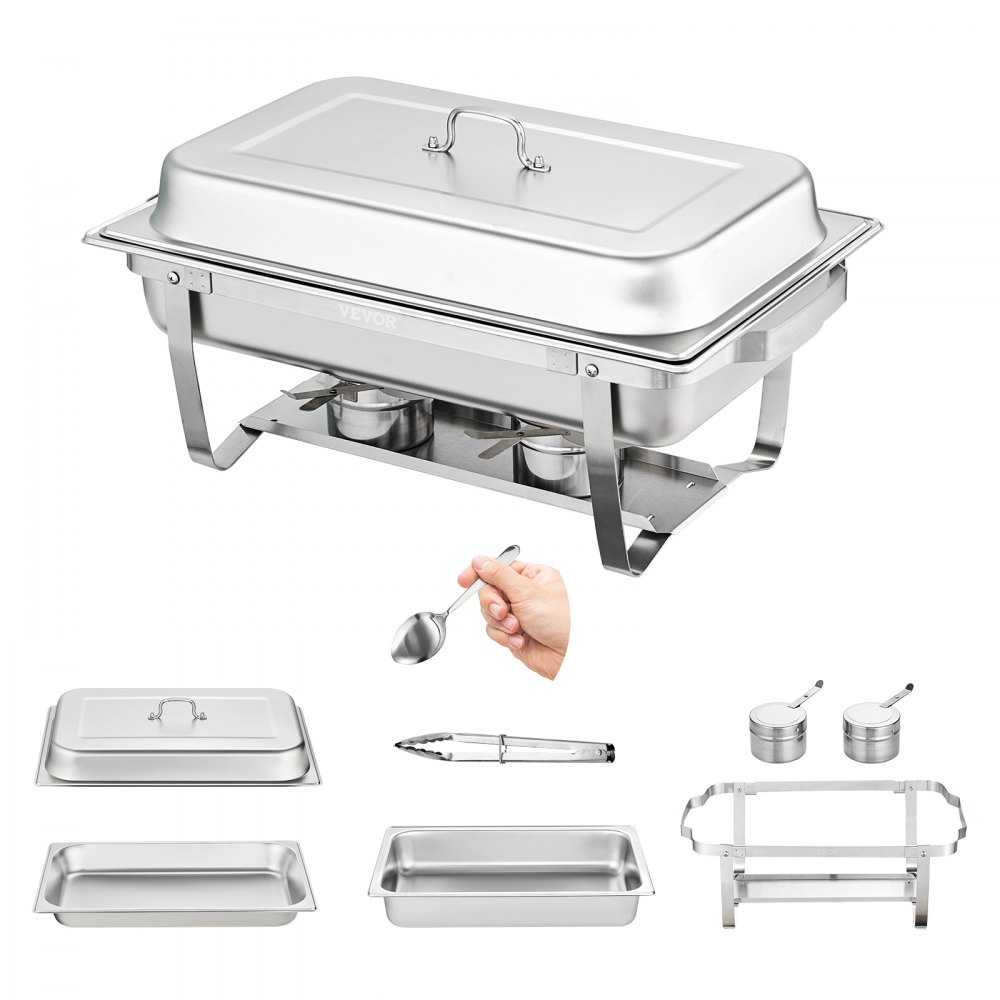 VEVOR chafing dish set with fuel holders, pans, lid, tongs, and serving spoon. stainless steel.