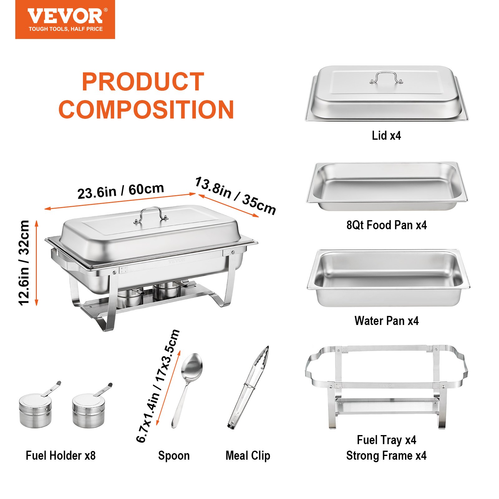 VEVOR chafing dish set includes lids, food pans, water pans, fuel holders, fuel trays, spoons, and meal clips.