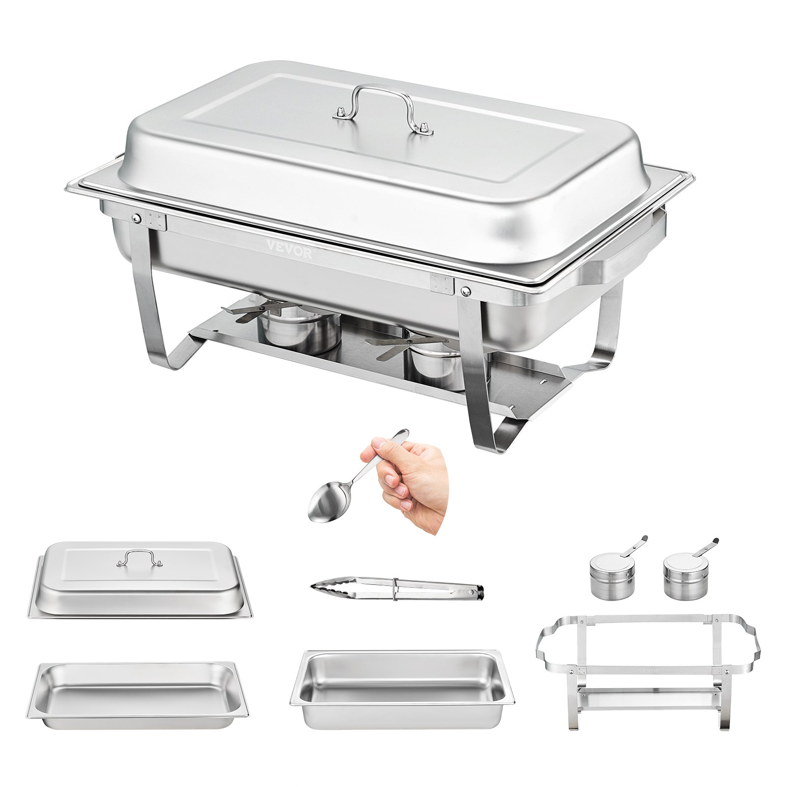 VEVOR chafing dish set with fuel holders, pans, lid, tongs, and serving spoon. stainless steel.