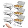 six VEVOR chafing dishes with lids, some open showcasing salads, plus serving tongs and a spoon in hand.
