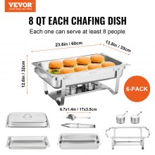 VEVOR Chafing Dish Buffet Set, 8 Qt 6 Pack, Stainless Chafer with 6 Full Size Pans, Rectangle Catering Warmer Server with Lid Water Pan Folding Stand Fuel Holder Tray Spoon Clip, at Least 8 People Eac