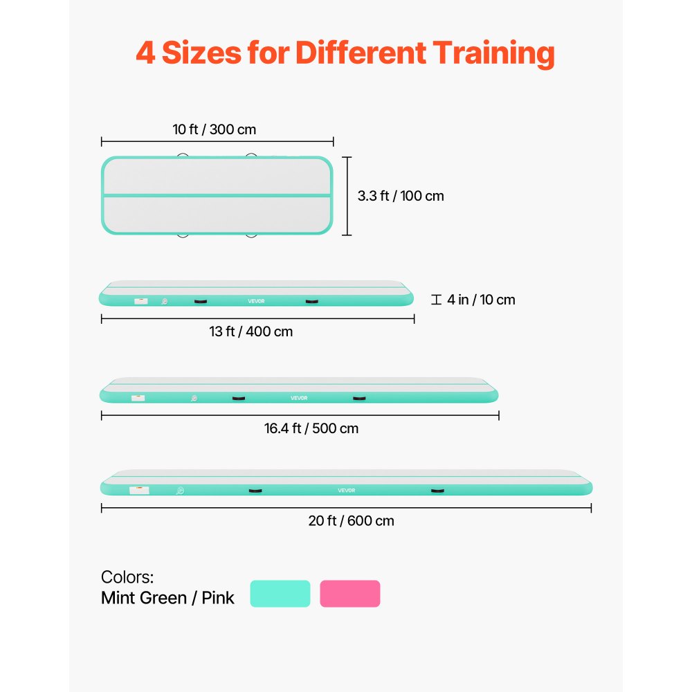 VEVOR Inflatable Gymnastics Air Mat 10 ft Training Mats w/ Electric Pump, 4 inches Thick Sturdy Tumble Track, Tumbling Mat for Home Use/Gym/Outdoor/Yoga/Cheerleading/Beach/Park/Water, Mint Green