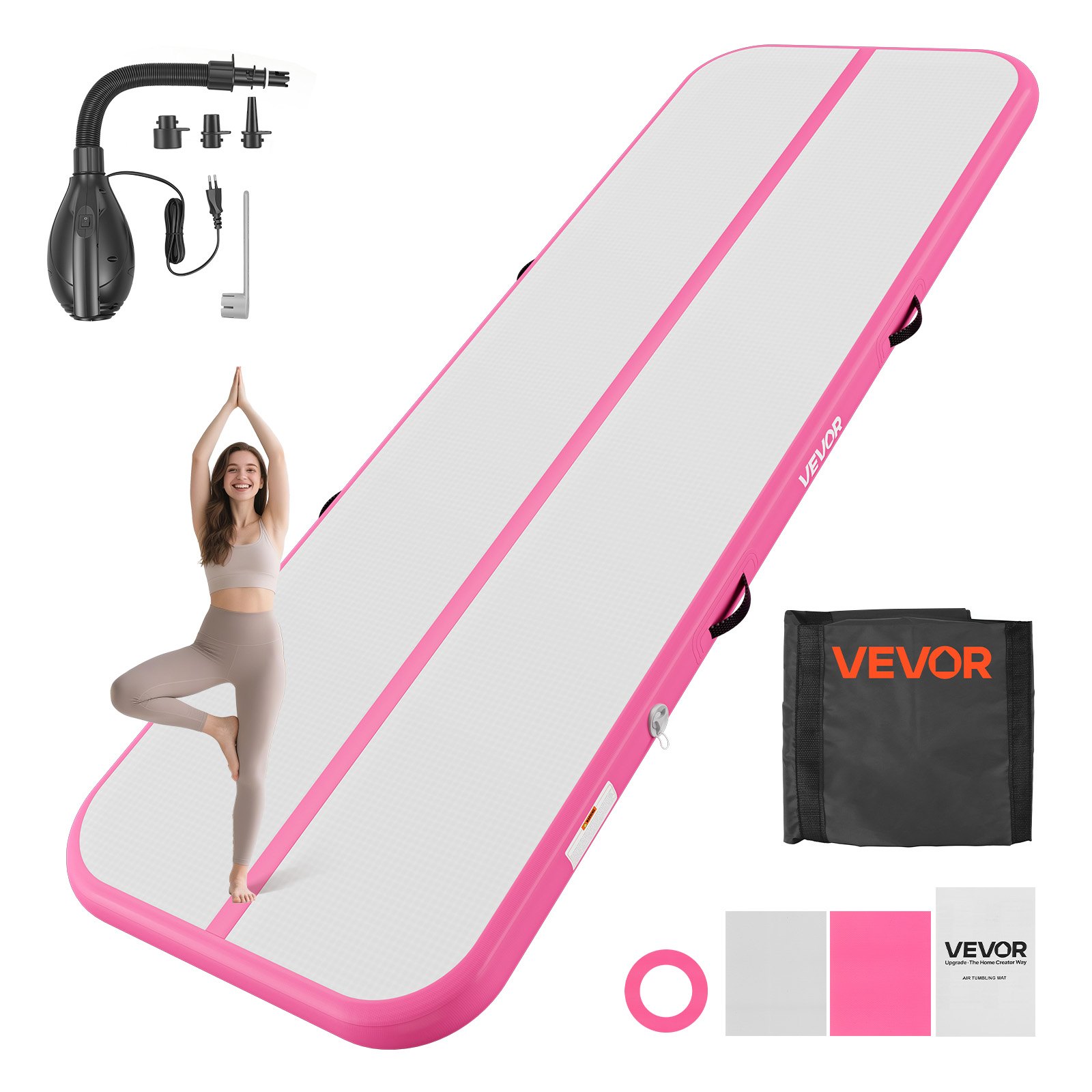 VEVOR Inflatable Gymnastics Air Mat 10 ft Training Mats w/ Electric Pump, 4 inches Thick Sturdy Tumble Track, Tumbling Mat for Home Use/Gym/Outdoor/Yoga/Cheerleading/Beach/Park/Water, Pink