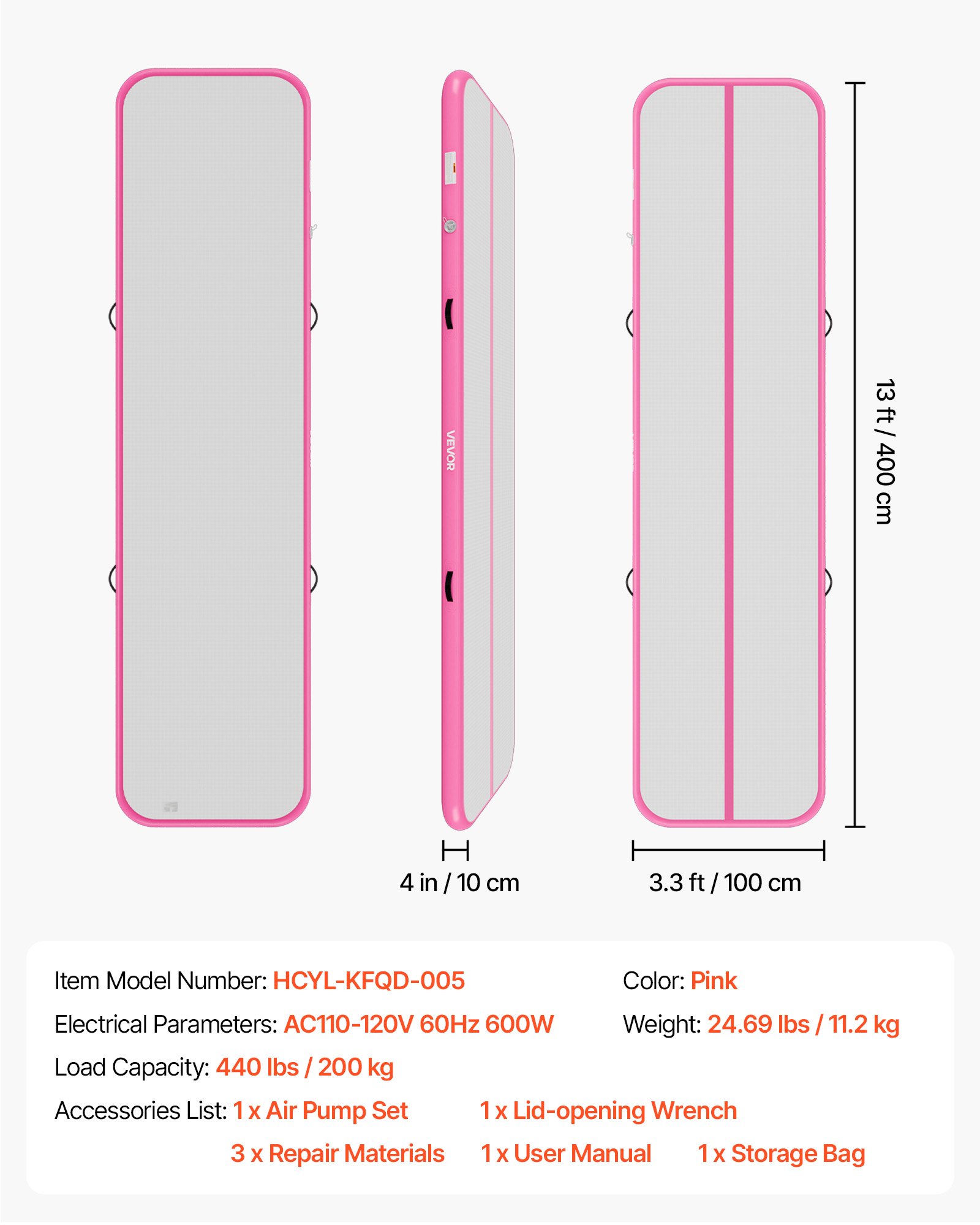 VEVOR Inflatable Gymnastics Air Mat 13 ft Training Mats w/ Electric Pump, 4 inches Thick Sturdy Tumble Track, Tumbling Mat for Home Use/Gym/Outdoor/Yoga/Cheerleading/Beach/Park/Water, Pink