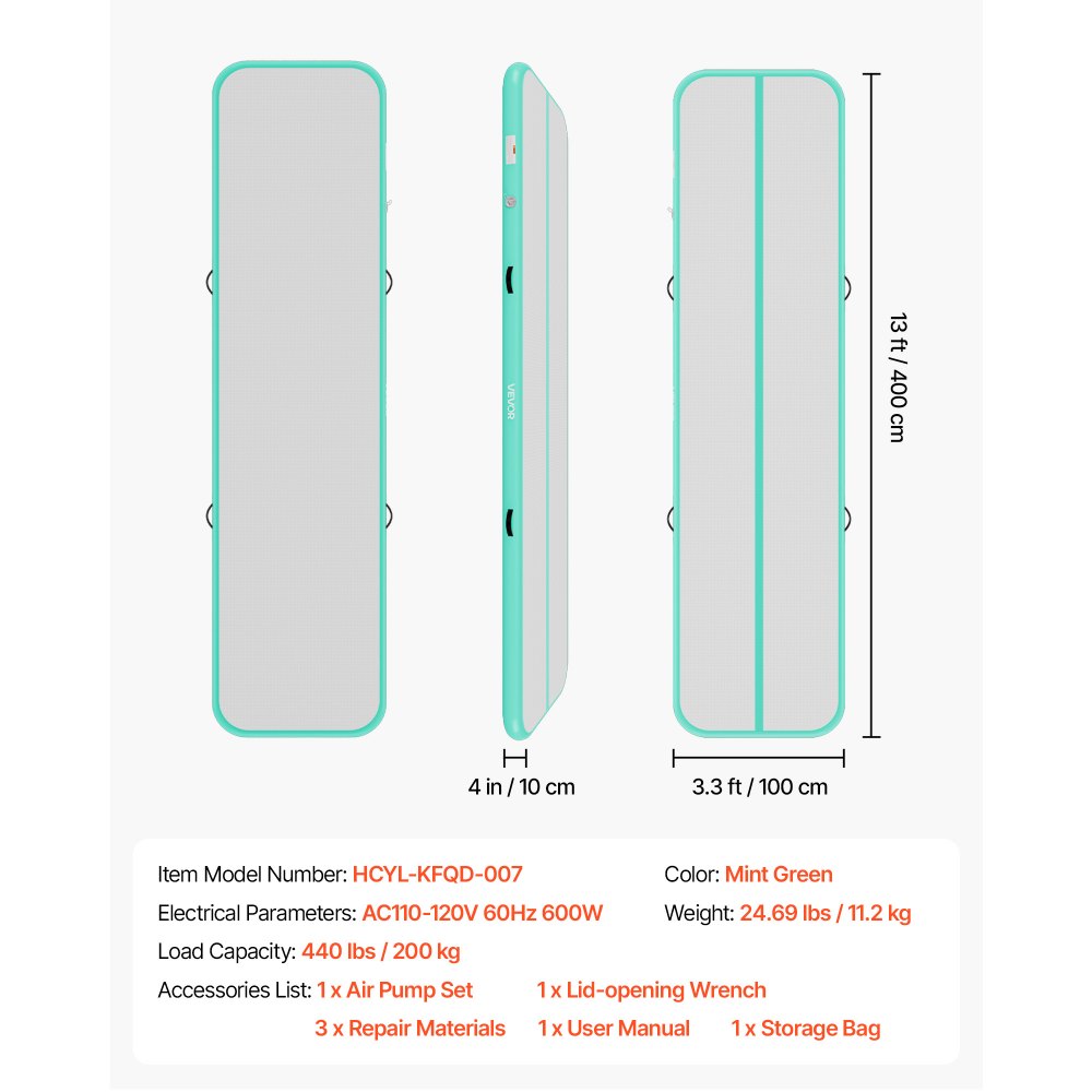 VEVOR Inflatable Gymnastics Air Mat 13 ft Training Mats w/ Electric Pump, 4 inches Thick Sturdy Tumble Track, Tumbling Mat for Home Use/Gym/Outdoor/Yoga/Cheerleading/Beach/Park/Water, Mint Green