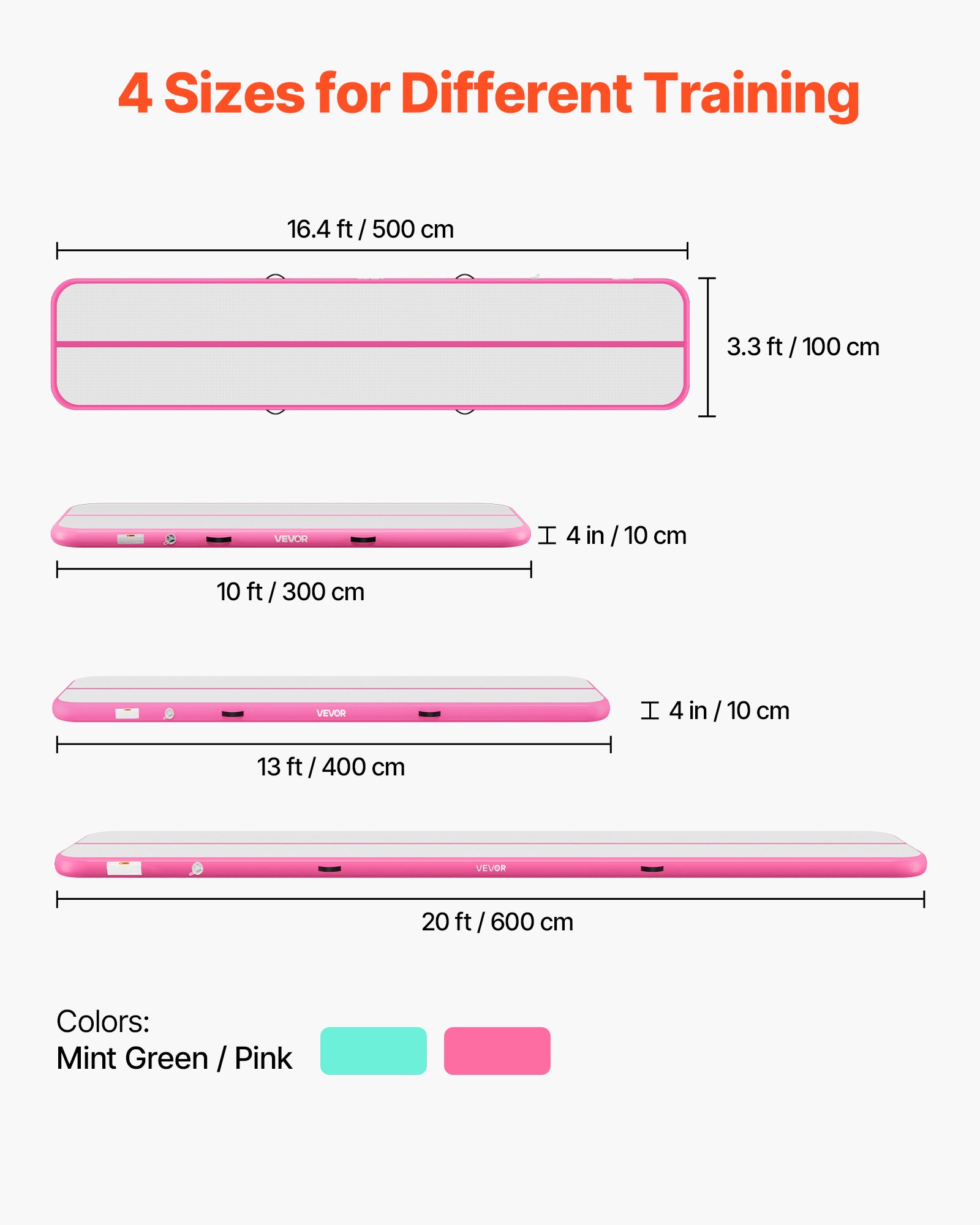 VEVOR Inflatable Gymnastics Air Mat 16.4 ft Training Mats w/ Electric Pump, 4 inches Thick Sturdy Tumble Track, Tumbling Mat for Home Use/Gym/Outdoor/Yoga/Cheerleading/Beach/Park/Water, Pink