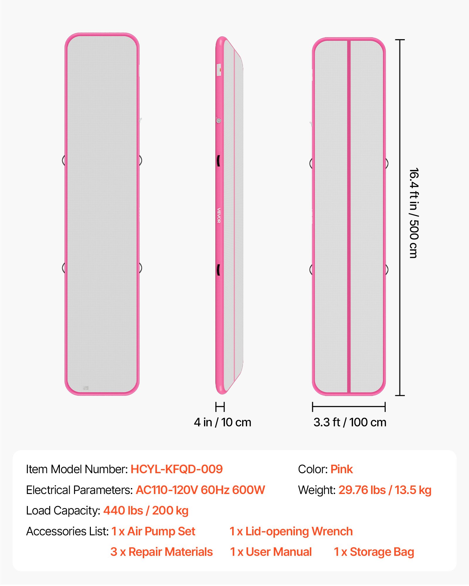VEVOR Inflatable Gymnastics Air Mat 16.4 ft Training Mats w/ Electric Pump, 4 inches Thick Sturdy Tumble Track, Tumbling Mat for Home Use/Gym/Outdoor/Yoga/Cheerleading/Beach/Park/Water, Pink