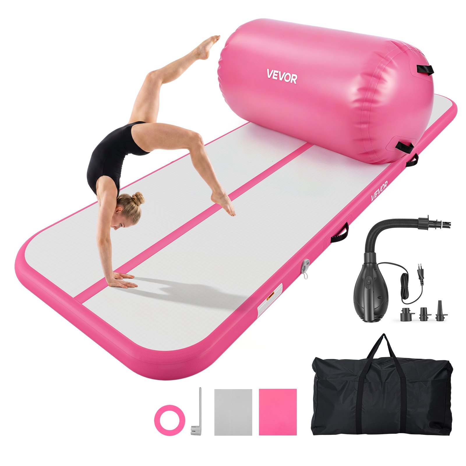 VEVOR Inflatable Gymnastics Air Mat with Air Barrel 10 ft Training Mats, 4 inches Thick Sturdy Tumble Track with Electric Pump, Tumbling Mat for Home Use/Gym/Outdoor/Yoga/Cheerleading, Pink