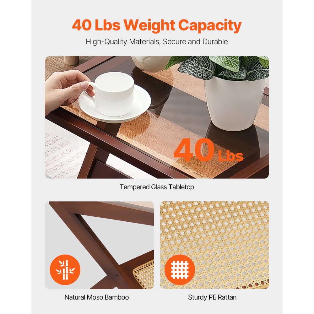 VEVOR Rattan Coffee Table, Z-Shaped Rattan Woven Bamboo Coffee Table with Tempered Glass Top, 20” Modern Boho Storage Coffee Table with Natural Bamboo Legs, for Living Room, Bedroom & Small Spaces