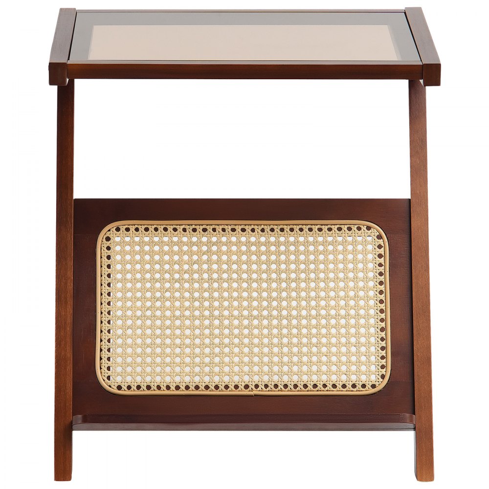 VEVOR Rattan Coffee Table, Z-Shaped Rattan Woven Bamboo Coffee Table with Tempered Glass Top, 20” Modern Boho Storage Coffee Table with Natural Bamboo Legs, for Living Room, Bedroom & Small Spaces