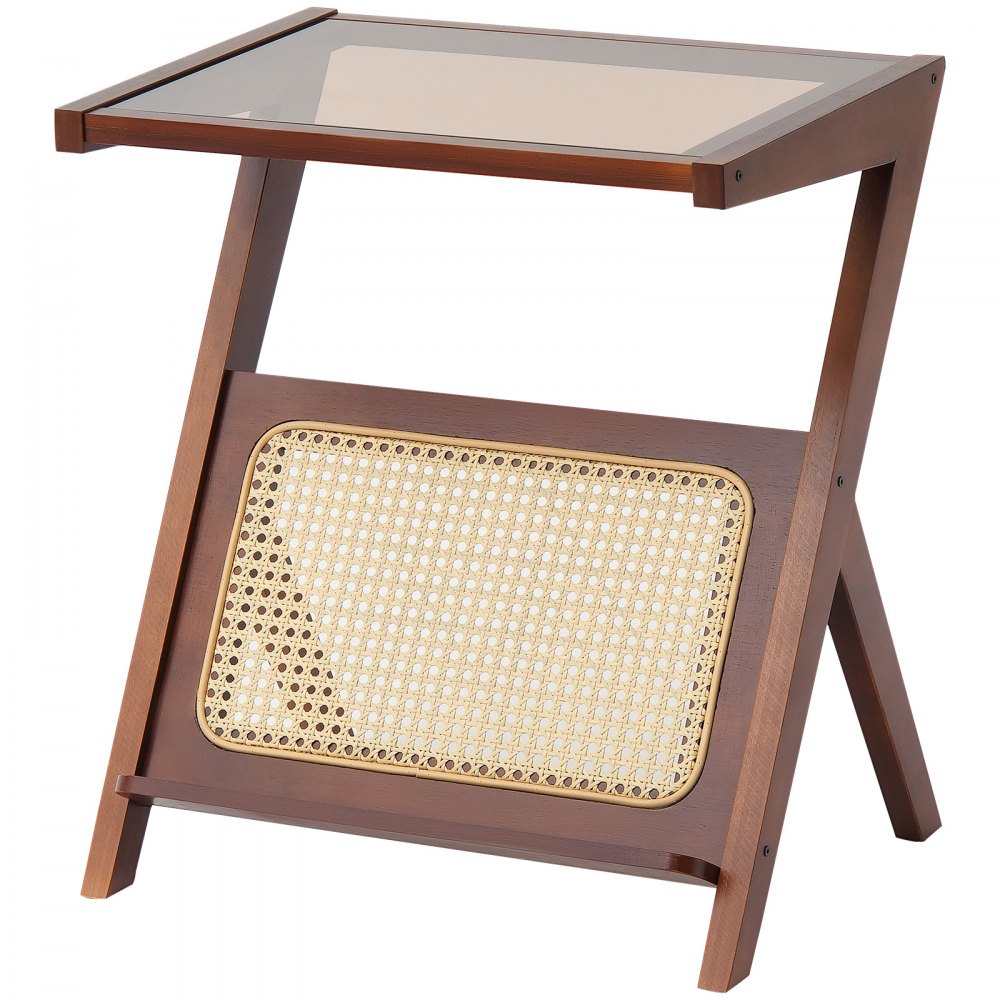 VEVOR Rattan Coffee Table, Z-Shaped Rattan Woven Bamboo Coffee Table with Tempered Glass Top, 20” Modern Boho Storage Coffee Table with Natural Bamboo Legs, for Living Room, Bedroom & Small Spaces