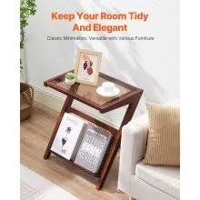 VEVOR Rattan Coffee Table, Z-Shaped Rattan Woven Bamboo End Table with Tempered Glass Top, 20” Modern Boho Storage Mid Century Coffee Table with Natural Bamboo Legs, for Living Room, Bedroom & Small Spaces, Walnut